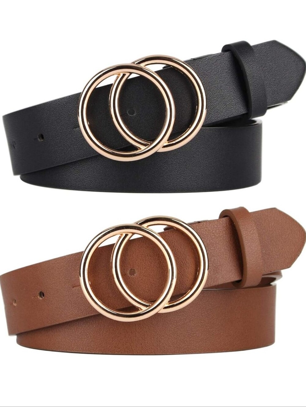 2 Pc Belt Bundle Black & Camel Double O Ring Buckle Minimalist Boho 49"